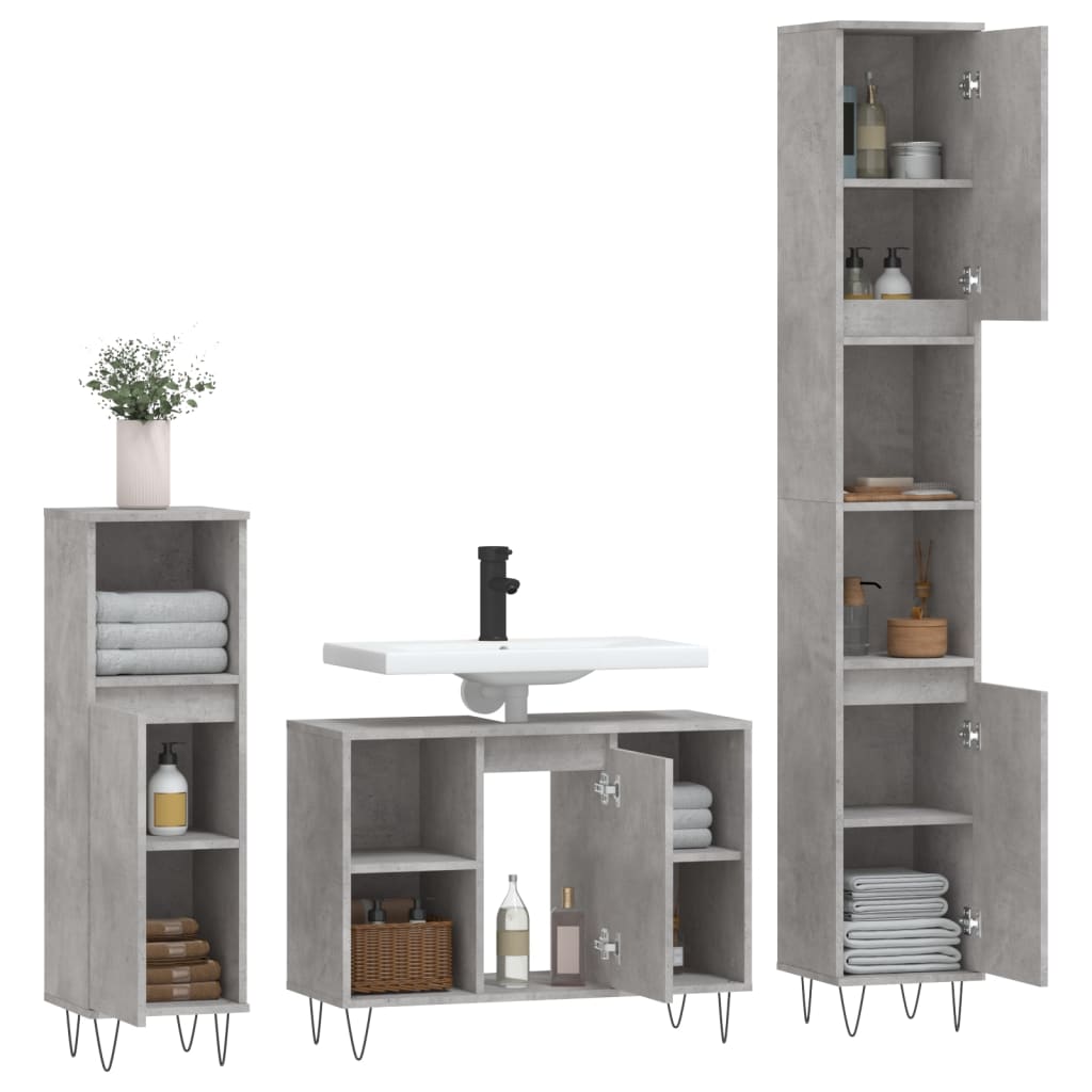 vidaXL 3-tlg. Badmöbel-Set Betongrau Holzwerkstoff
