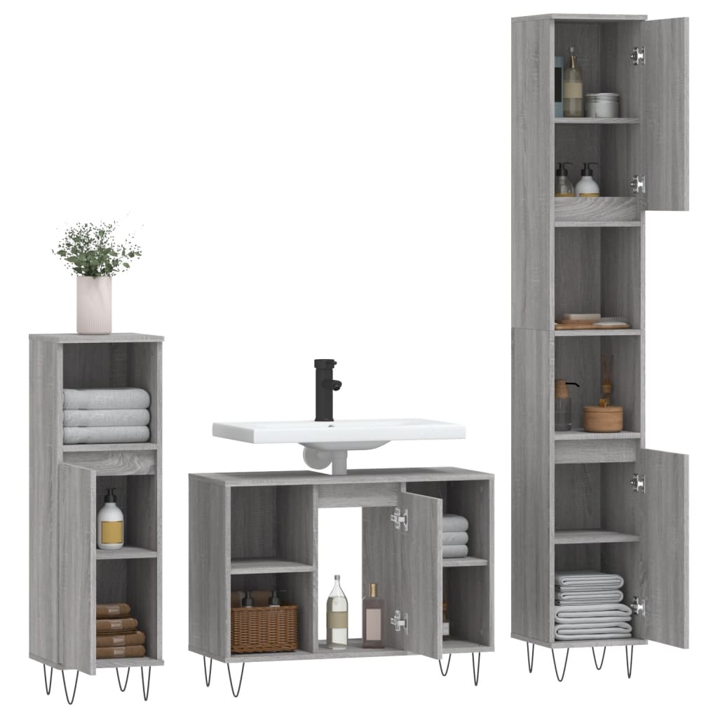 vidaXL 3-tlg. Badmöbel-Set Grau Sonoma Holzwerkstoff