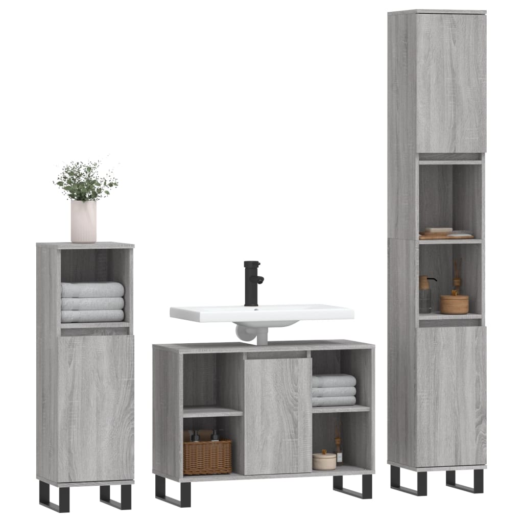 vidaXL 3-tlg. Badmöbel-Set Grau Sonoma Holzwerkstoff
