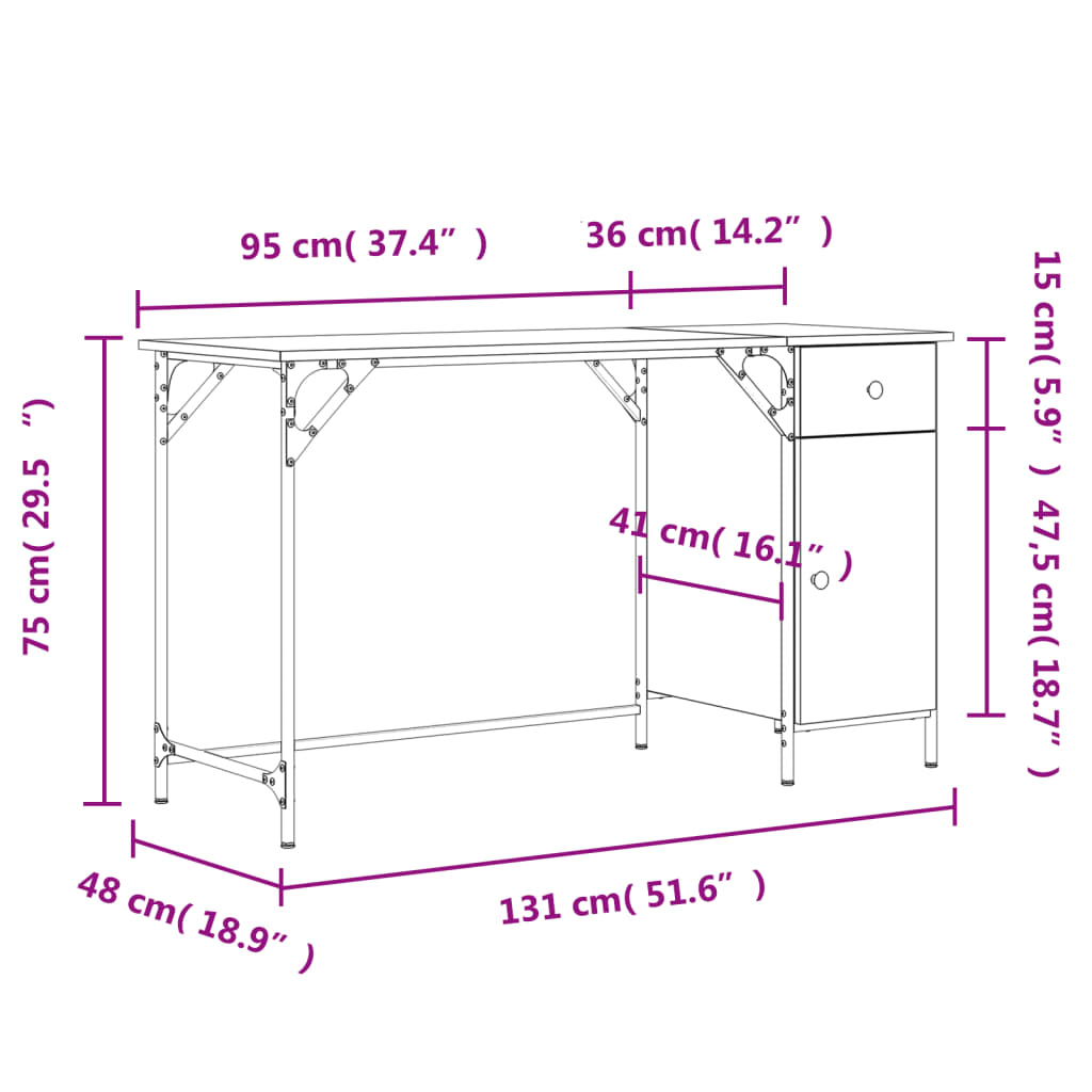 vidaXL Bureau Gris Sonoma 131x48x75 cm Bois d'ingénierie