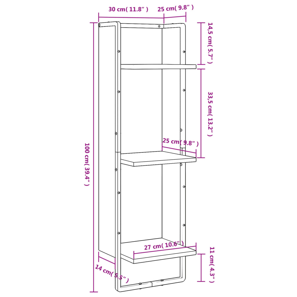 vidaXL Wandregal 3 Fächer Räuchereiche 30x25x100 cm Holzwerkstoff