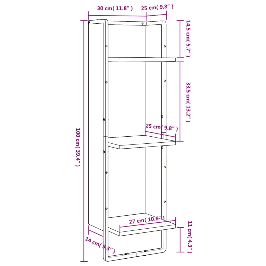vidaXL Wandregal 3 Fächer Braun Eichen-Optik 30x25x100cm Holzwerkstoff