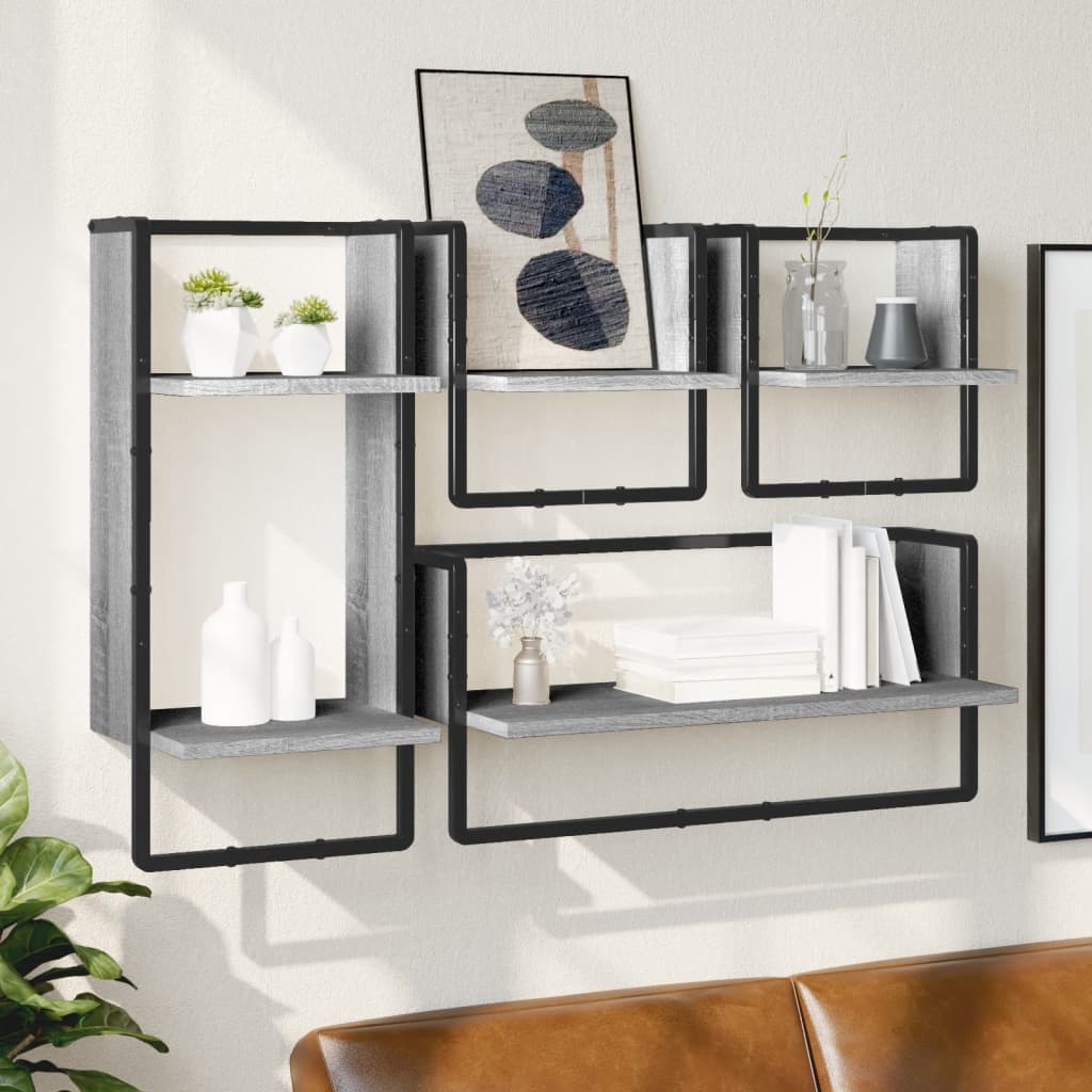 vidaXL Kit de 4 étagères murales avec tringles gris Sonoma en bois d'ingénierie