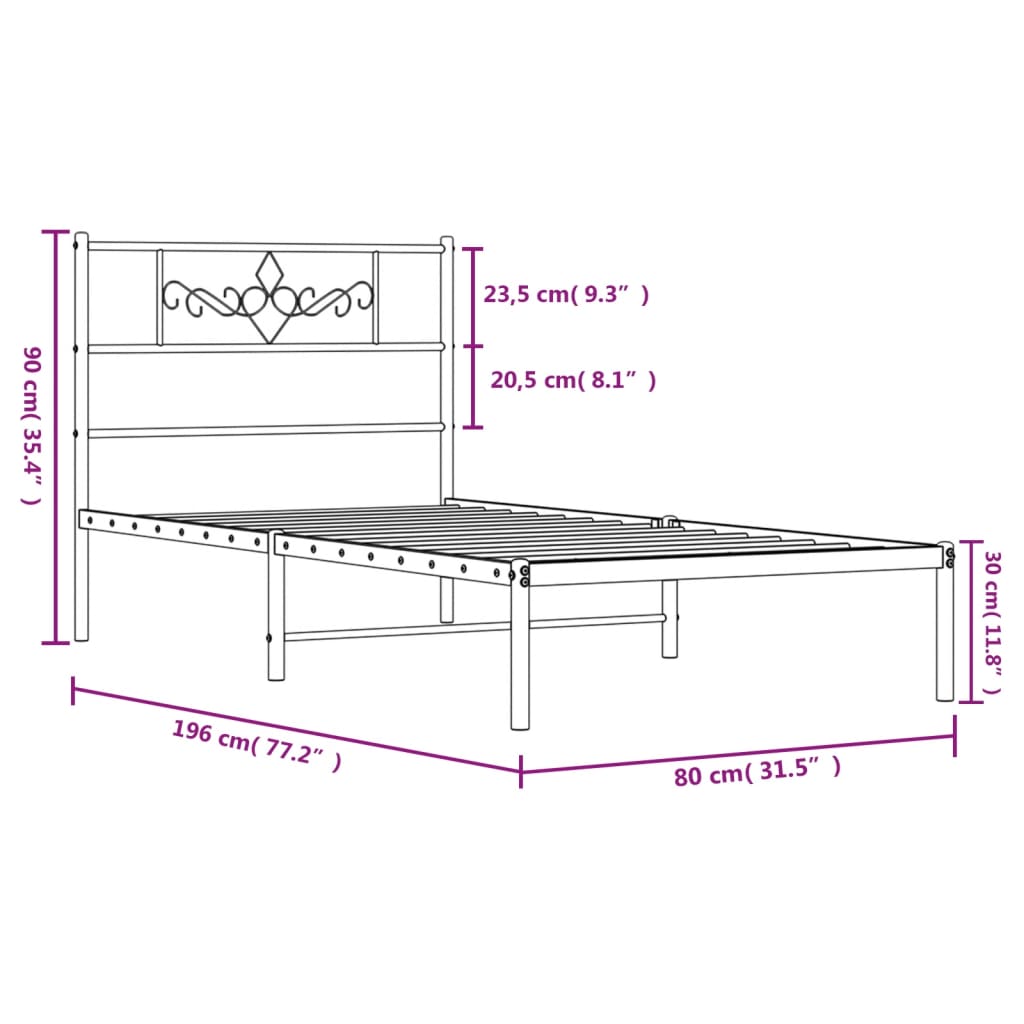vidaXL Cadre de lit avec tête de lit Métal Noir 75x190 cm