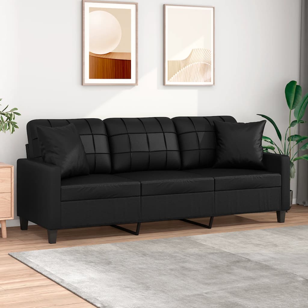vidaXL Canapé 3 places avec coussins décoratifs Noir 180 cm Similicuir