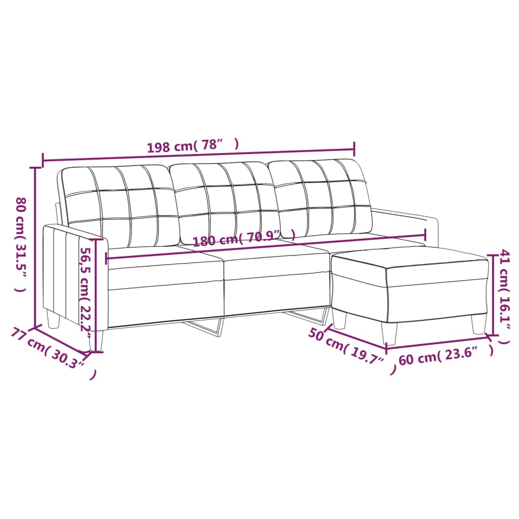 vidaXL 3-Sitzer-Sofa mit Hocker Schwarz 180 cm Kunstleder