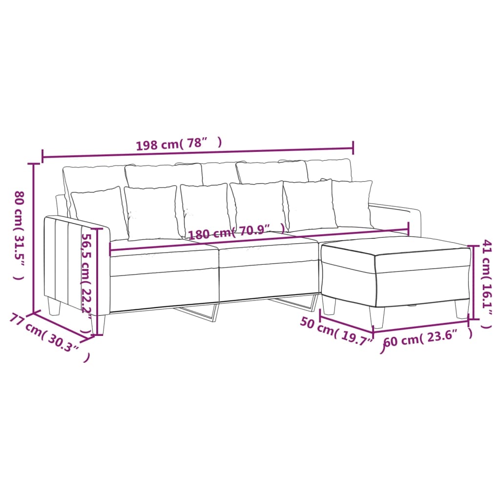 vidaXL Canapé à 3 places avec pouf Tissu Noir 180 cm