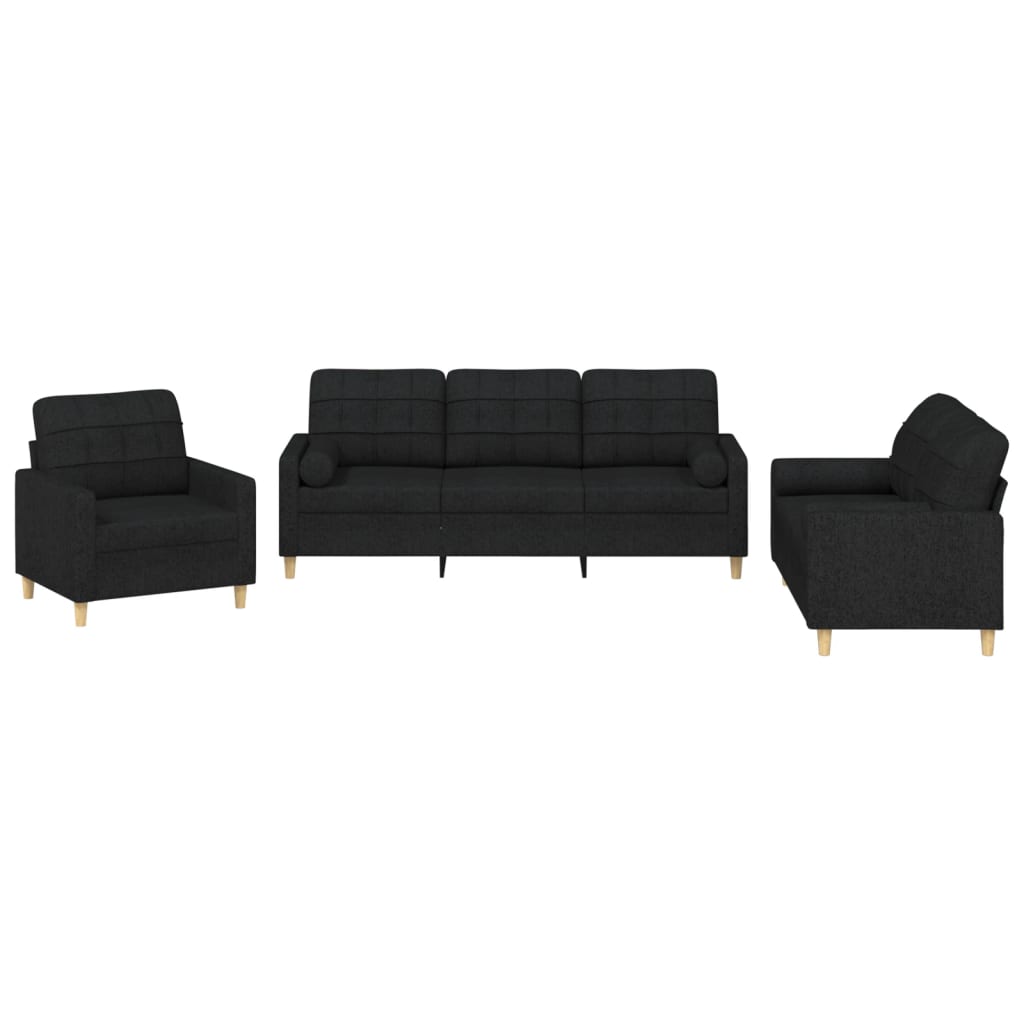 vidaXL 3-tlg. Sofagarnitur mit Kissen Schwarz Stoff