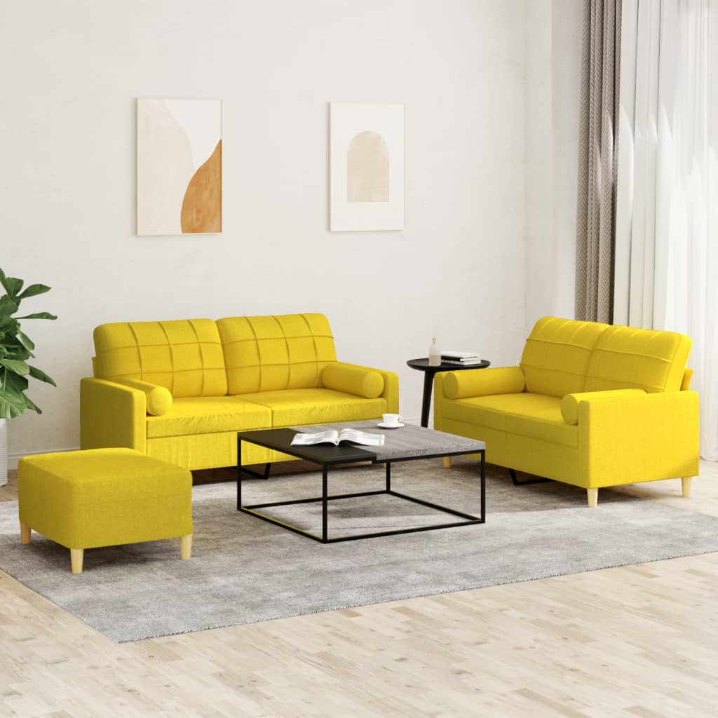 vidaXL Ensemble de canapés 3 pièces avec coussins Jaune clair Tissu