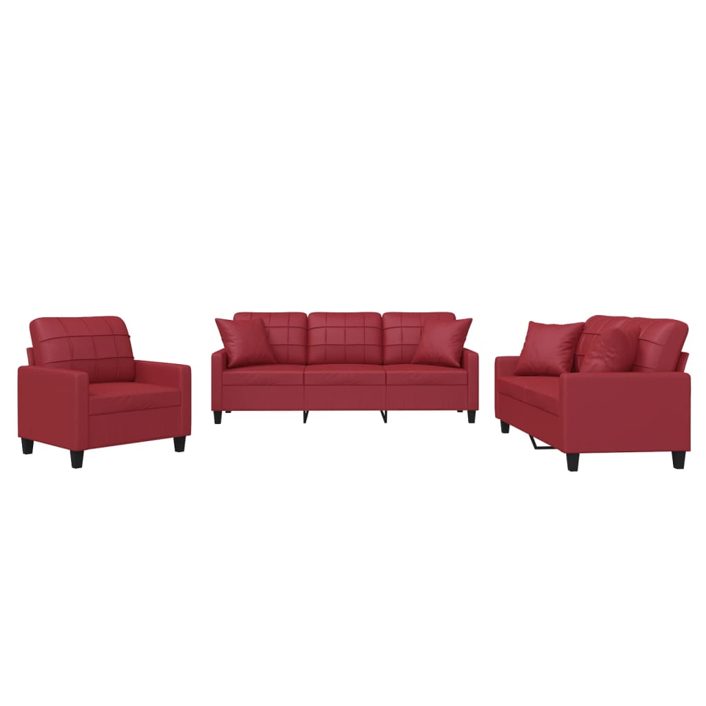vidaXL Ensemble de canapé 3 pièces avec coussins, similicuir rouge bordeaux