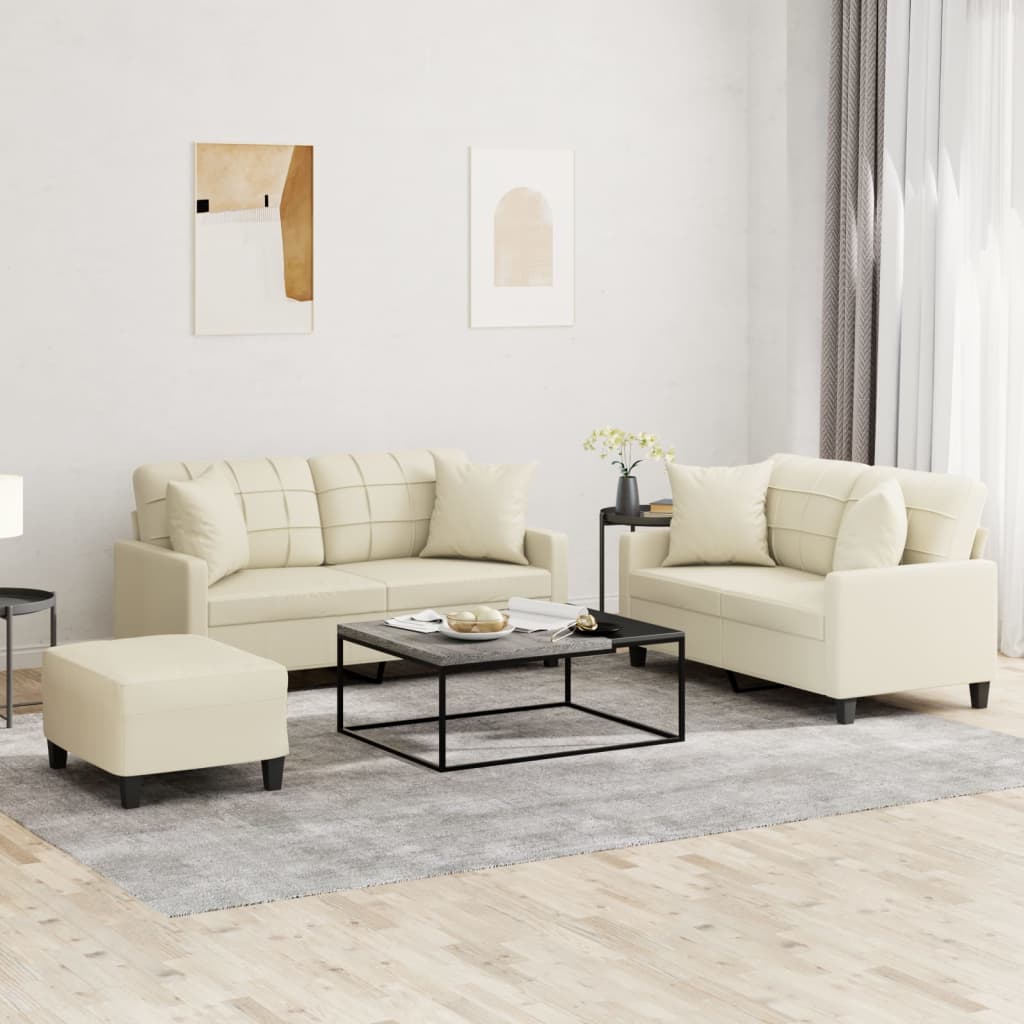 vidaXL Ensemble de canapés 3 pcs avec coussins Crème Similicuir