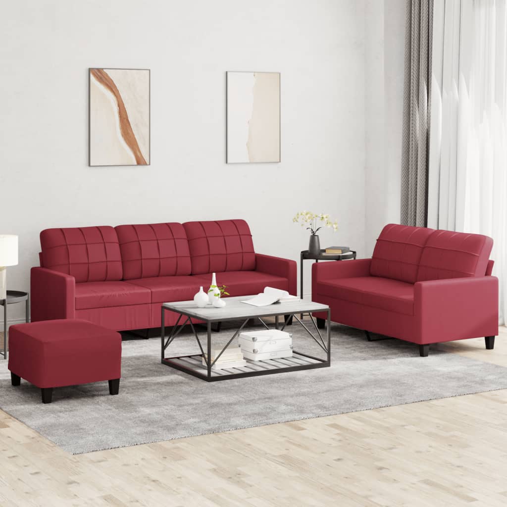 vidaXL Ensemble de canapé 3 pièces avec coussins, similicuir rouge bordeaux