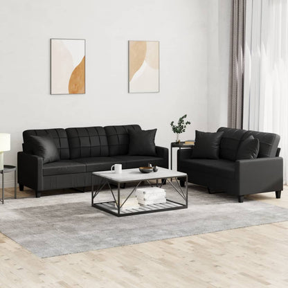 vidaXL 2-tlg. Sofagarnitur mit Kissen Schwarz Kunstleder