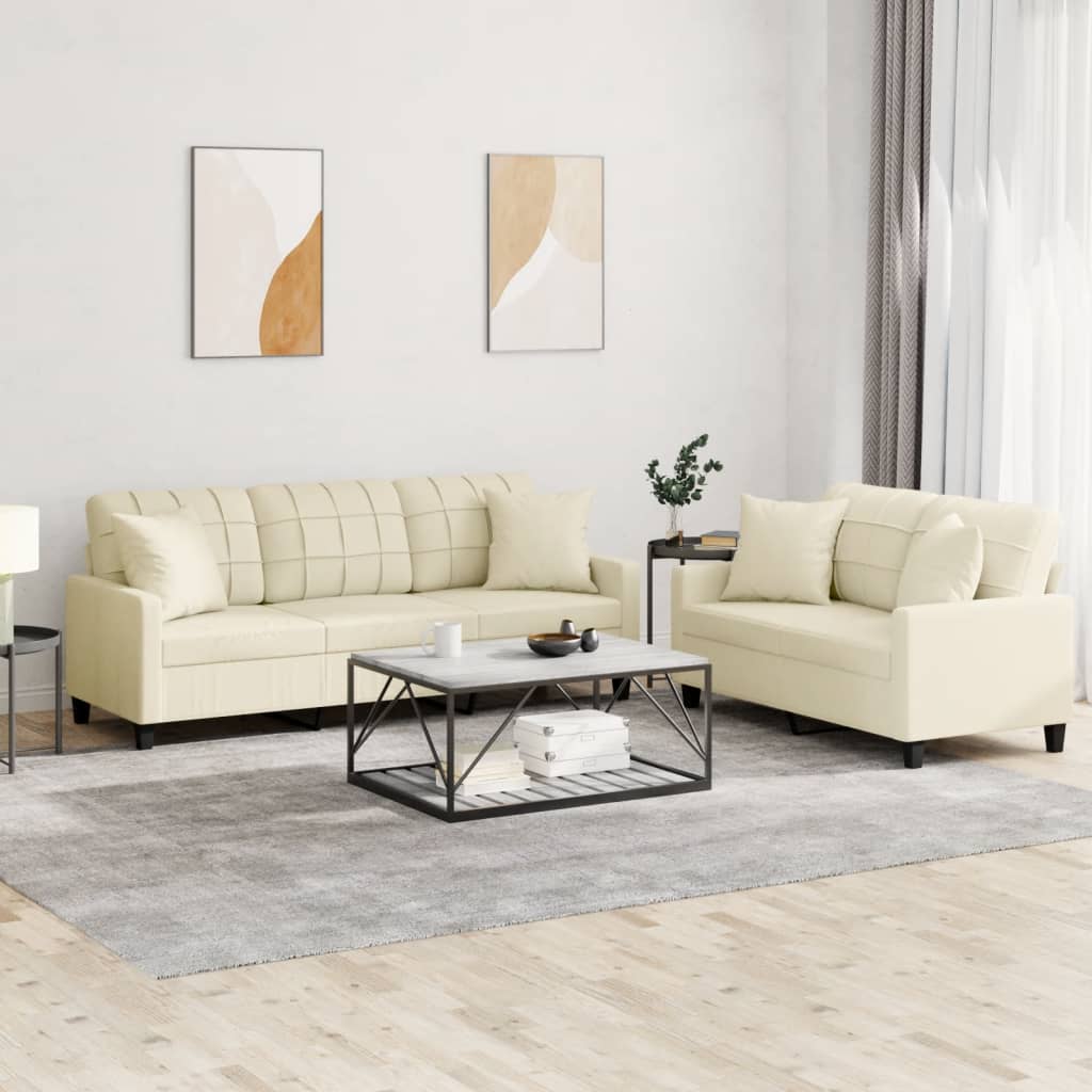 vidaXL 2-tlg. Sofagarnitur mit Kissen Creme Kunstleder