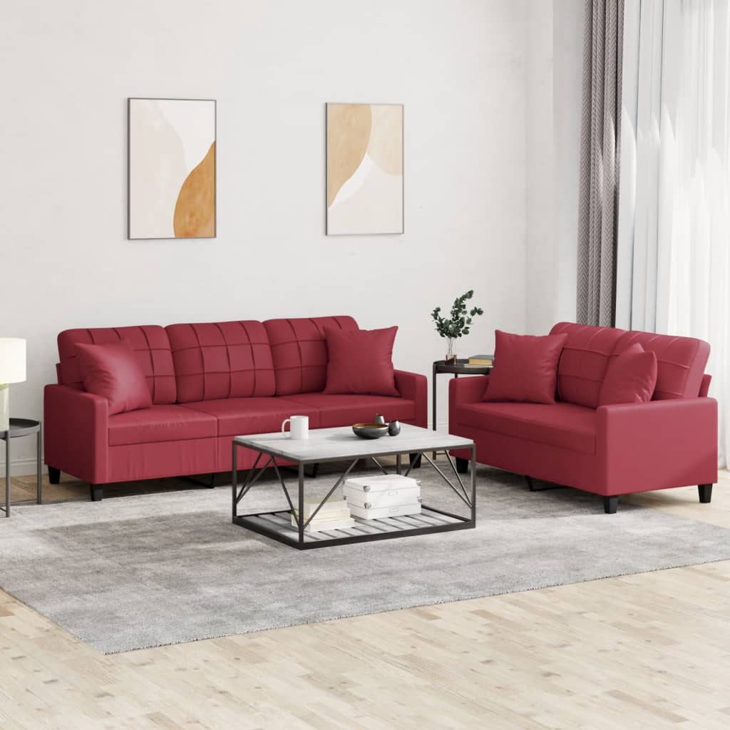 vidaXL 2-tlg. Sofagarnitur mit Kissen Weinrot Kunstleder