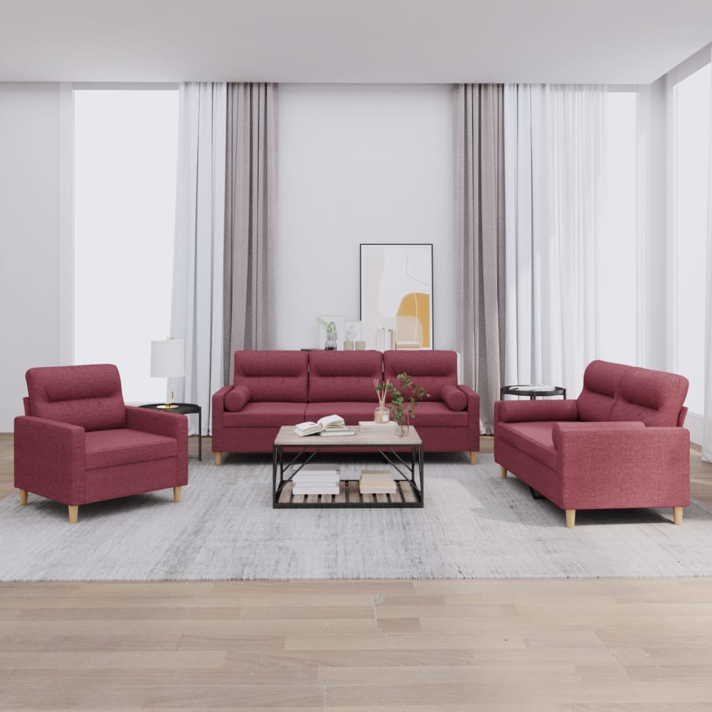 vidaXL 3-tlg. Sofagarnitur mit Kissen Weinrot Stoff