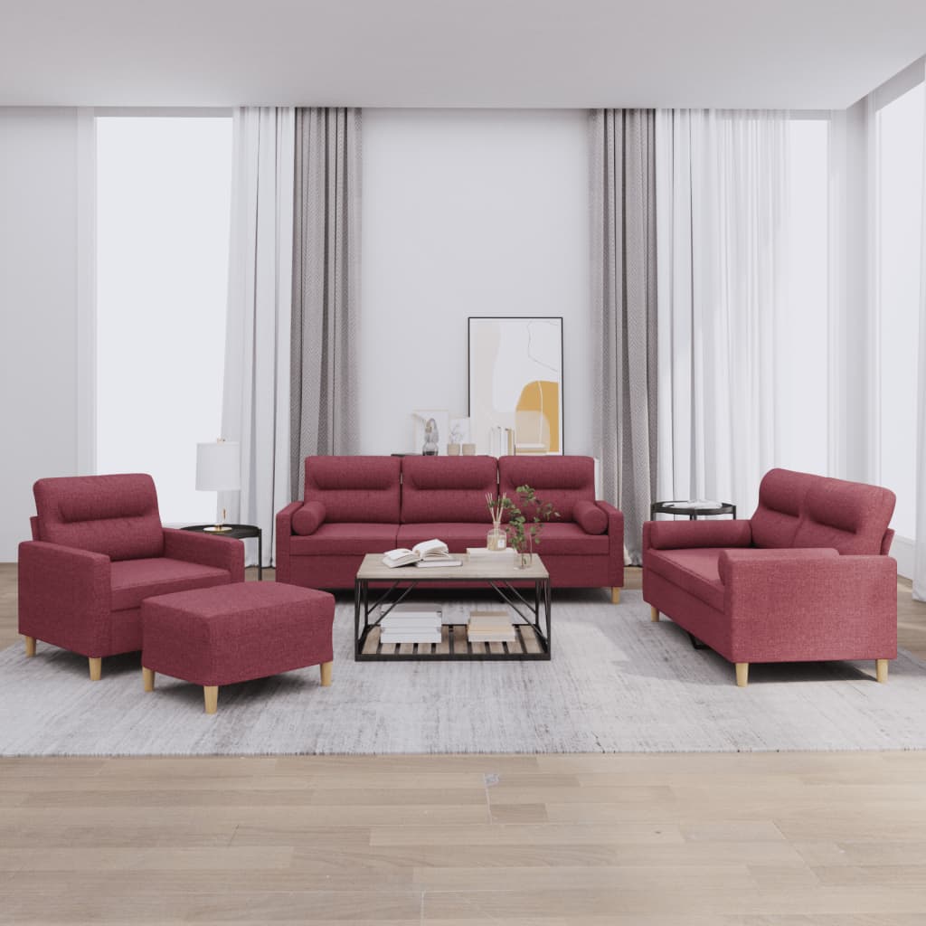 vidaXL 4-tlg. Sofagarnitur mit Kissen Weinrot Stoff