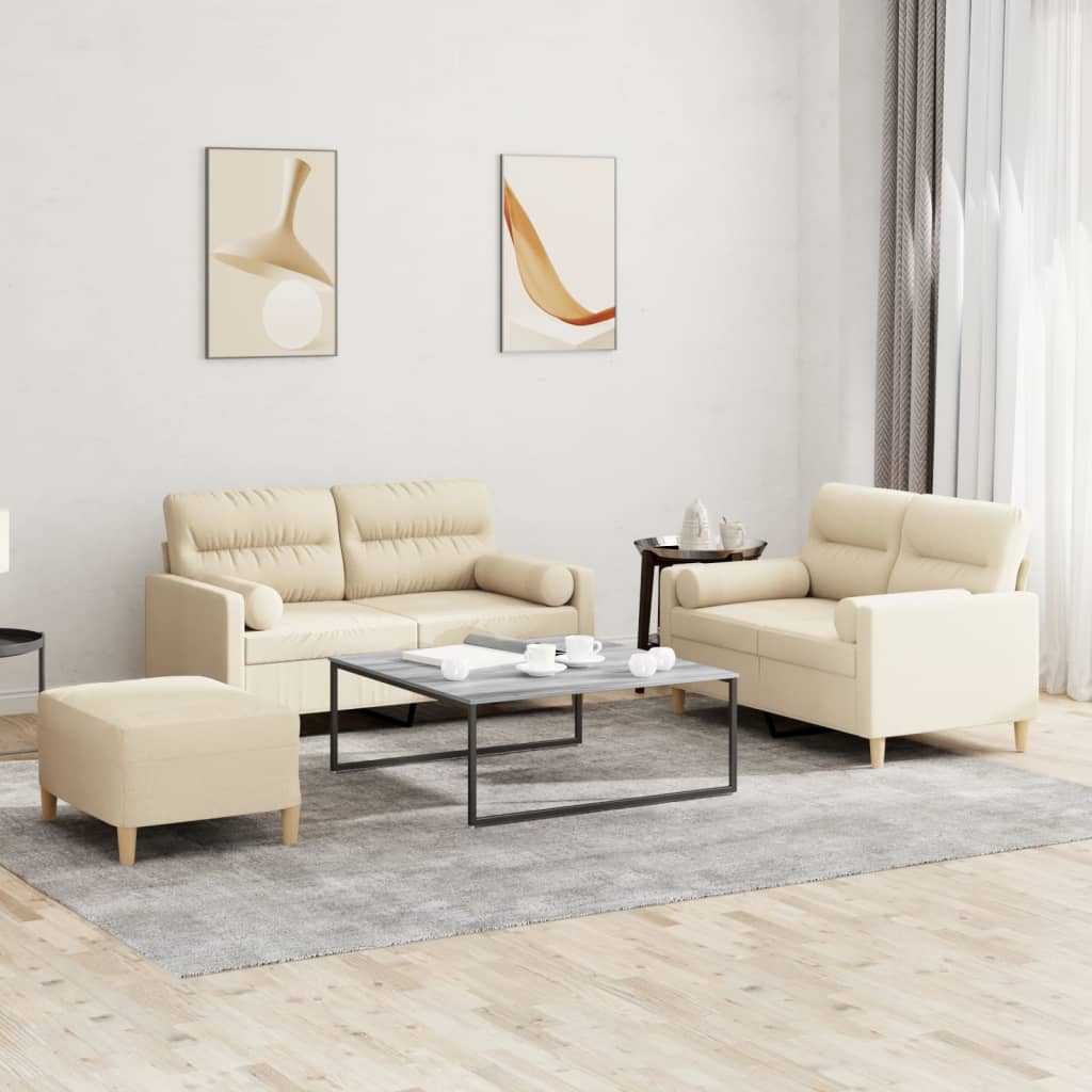vidaXL 3-tlg. Sofagarnitur mit Kissen Creme Stoff