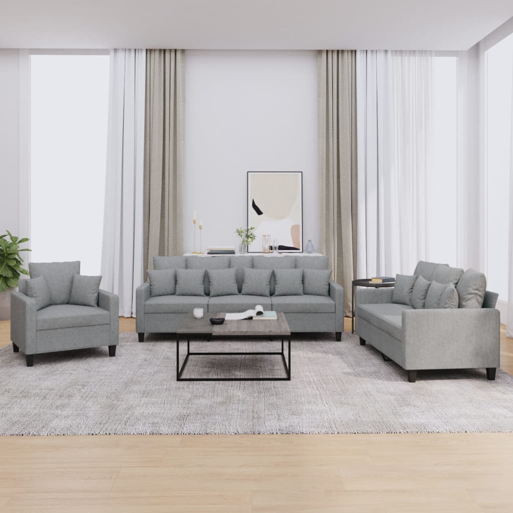 vidaXL 3-tlg. Sofagarnitur mit Kissen Hellgrau Stoff