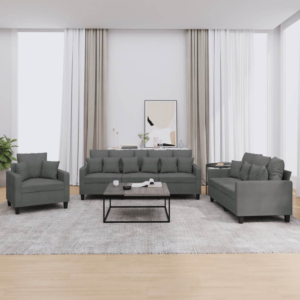 vidaXL 3-tlg. Sofagarnitur mit Kissen Dunkelgrau Stoff