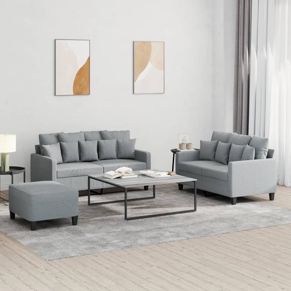 vidaXL 3-tlg. Sofagarnitur mit Kissen Hellgrau Stoff