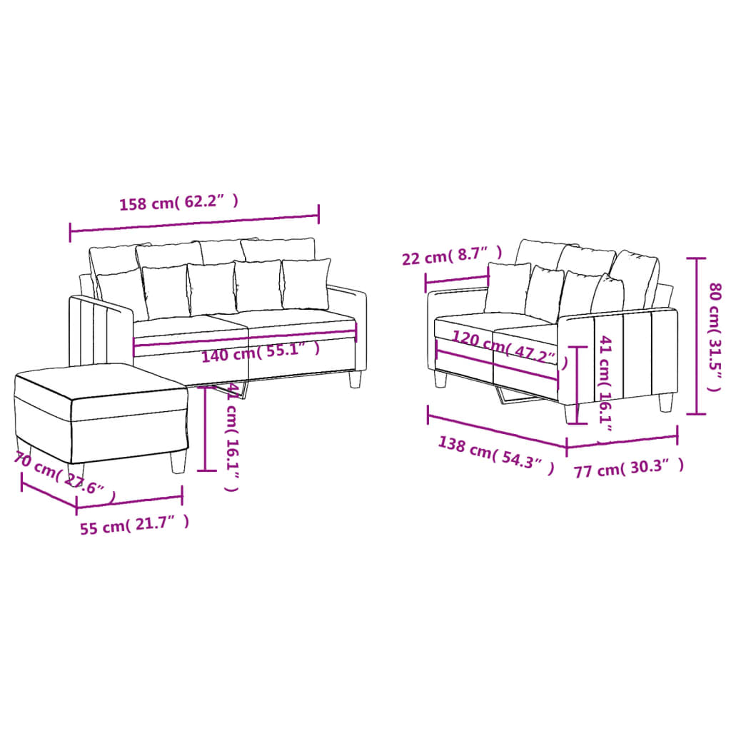 vidaXL 3-tlg. Sofagarnitur mit Kissen Creme Stoff