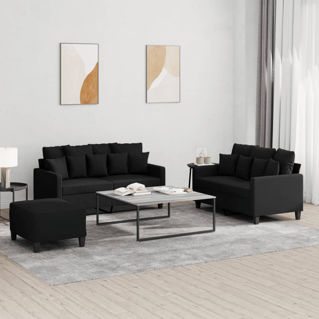 vidaXL Ensemble de canapés 3 pcs avec coussins Tissu Noir