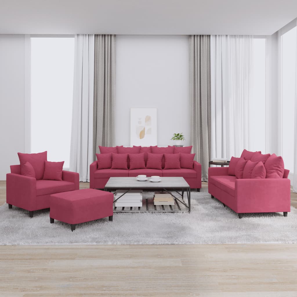 vidaXL 4-tlg. Sofagarnitur mit Kissen Weinrot Samt
