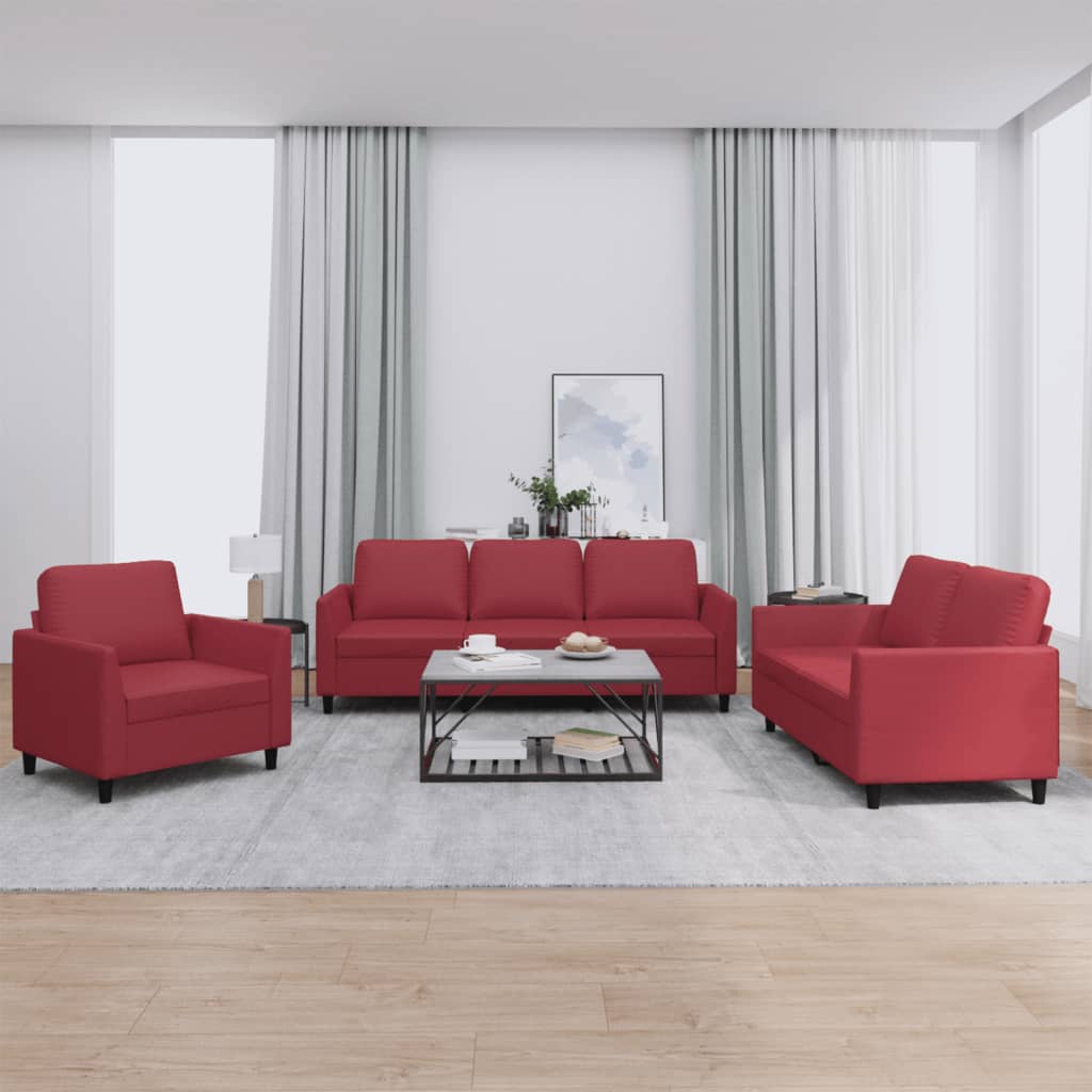 vidaXL 3-tlg. Sofagarnitur mit Kissen Weinrot Kunstleder