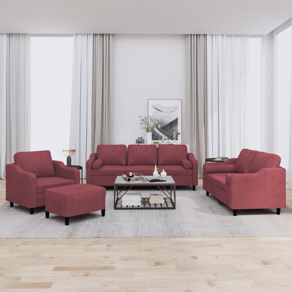 vidaXL 4-tlg. Sofagarnitur mit Kissen Weinrot Stoff