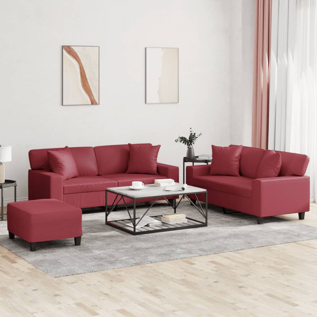 vidaXL 3-tlg. Sofagarnitur mit Kissen Weinrot Kunstleder