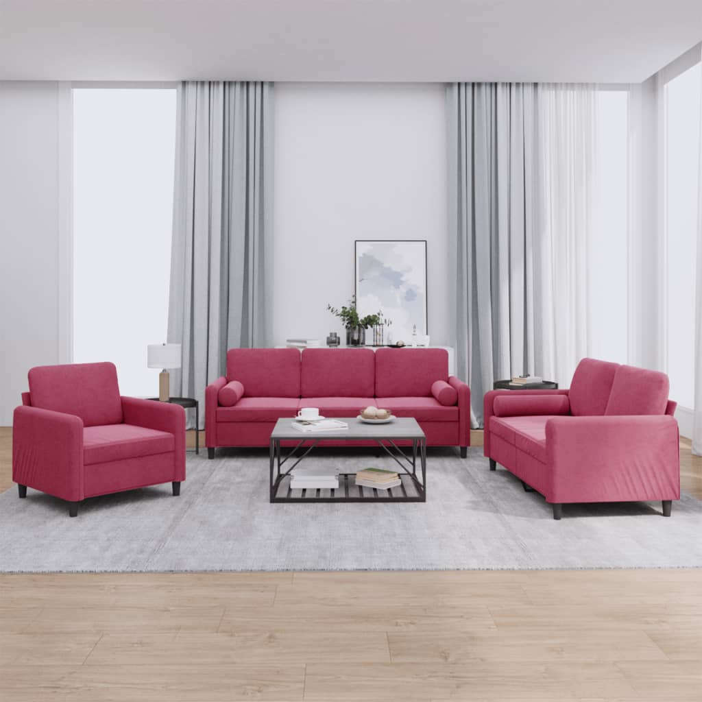 vidaXL 3-tlg. Sofagarnitur mit Kissen Weinrot Samt