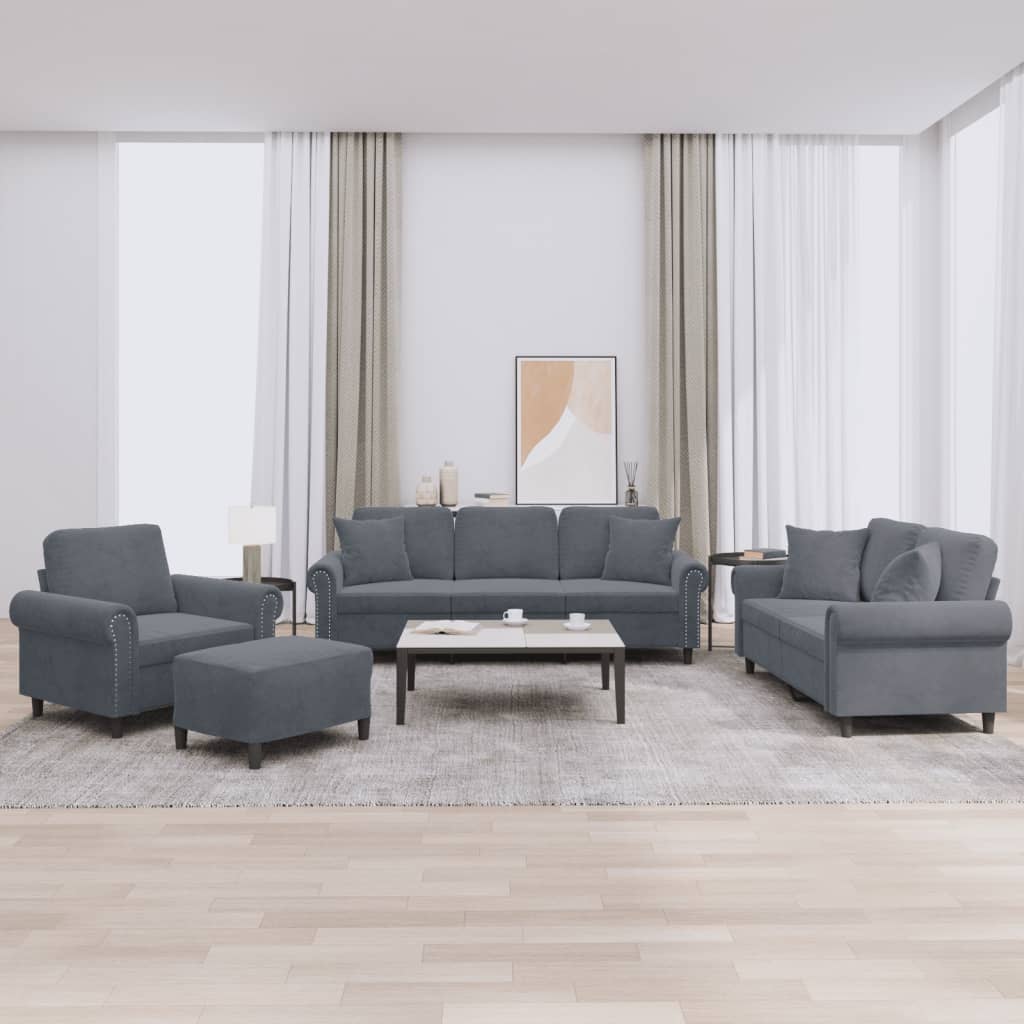 vidaXL 4-tlg. Sofagarnitur mit Kissen Dunkelgrau Samt