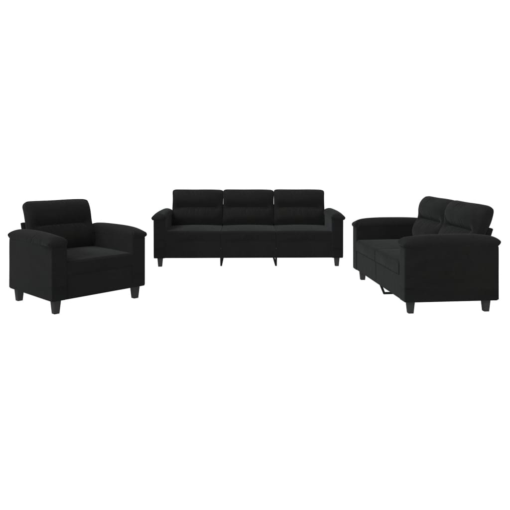 vidaXL 3-tlg. Sofagarnitur mit Kissen Schwarz Mikrofasergewebe