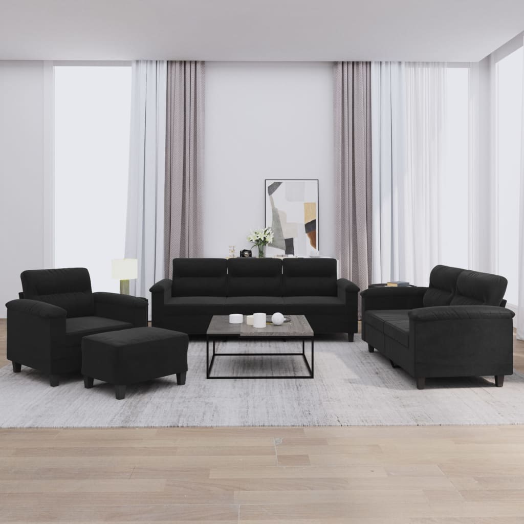 vidaXL 4-tlg. Sofagarnitur mit Kissen Schwarz Mikrofasergewebe
