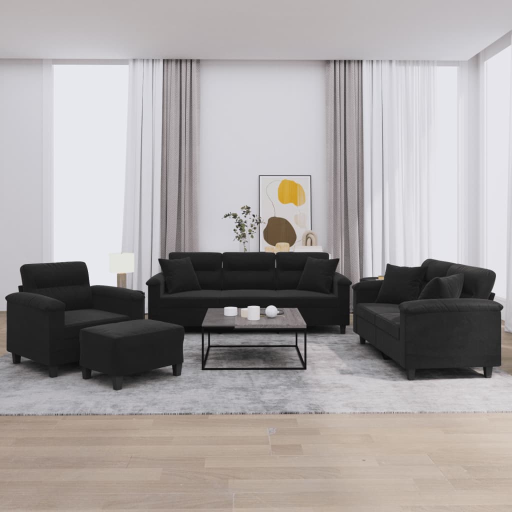 vidaXL 4-tlg. Sofagarnitur mit Kissen Schwarz Mikrofasergewebe