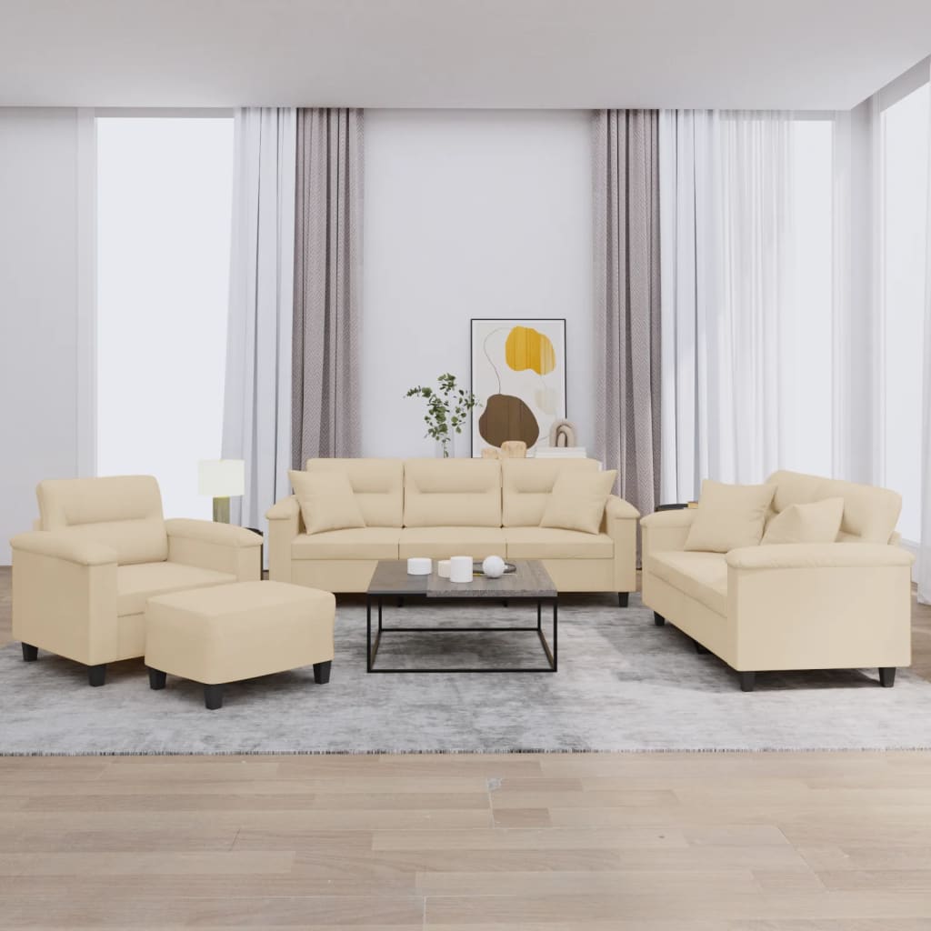 vidaXL 4-tlg. Sofagarnitur mit Kissen Creme Mikrofasergewebe