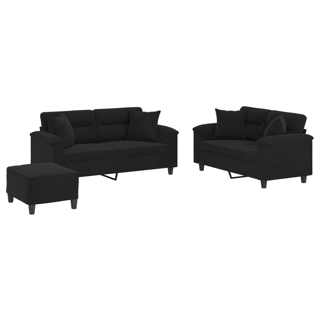 vidaXL 3-tlg. Sofagarnitur mit Kissen Schwarz Mikrofasergewebe