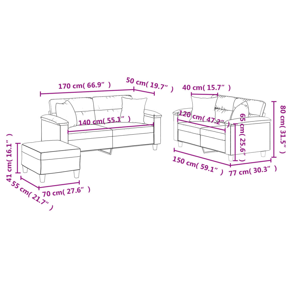 vidaXL 3-tlg. Sofagarnitur mit Kissen Beige Mikrofasergewebe