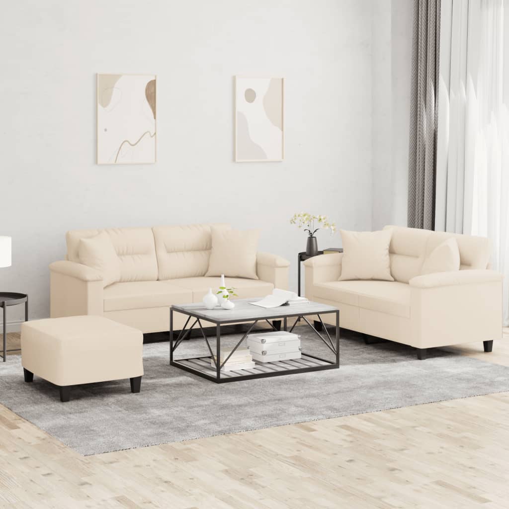 vidaXL 3-tlg. Sofagarnitur mit Kissen Beige Mikrofasergewebe