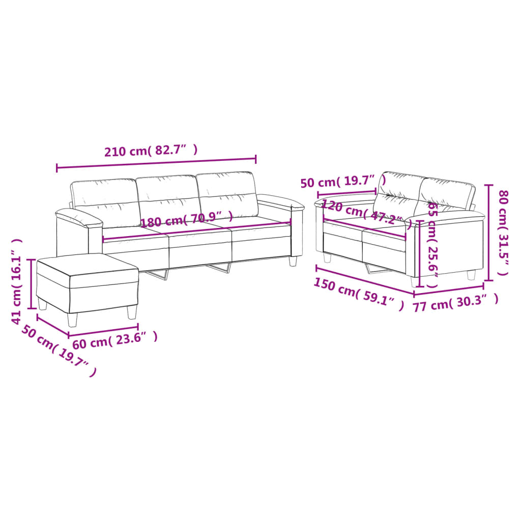 vidaXL 3-tlg. Sofagarnitur mit Kissen Creme Mikrofasergewebe
