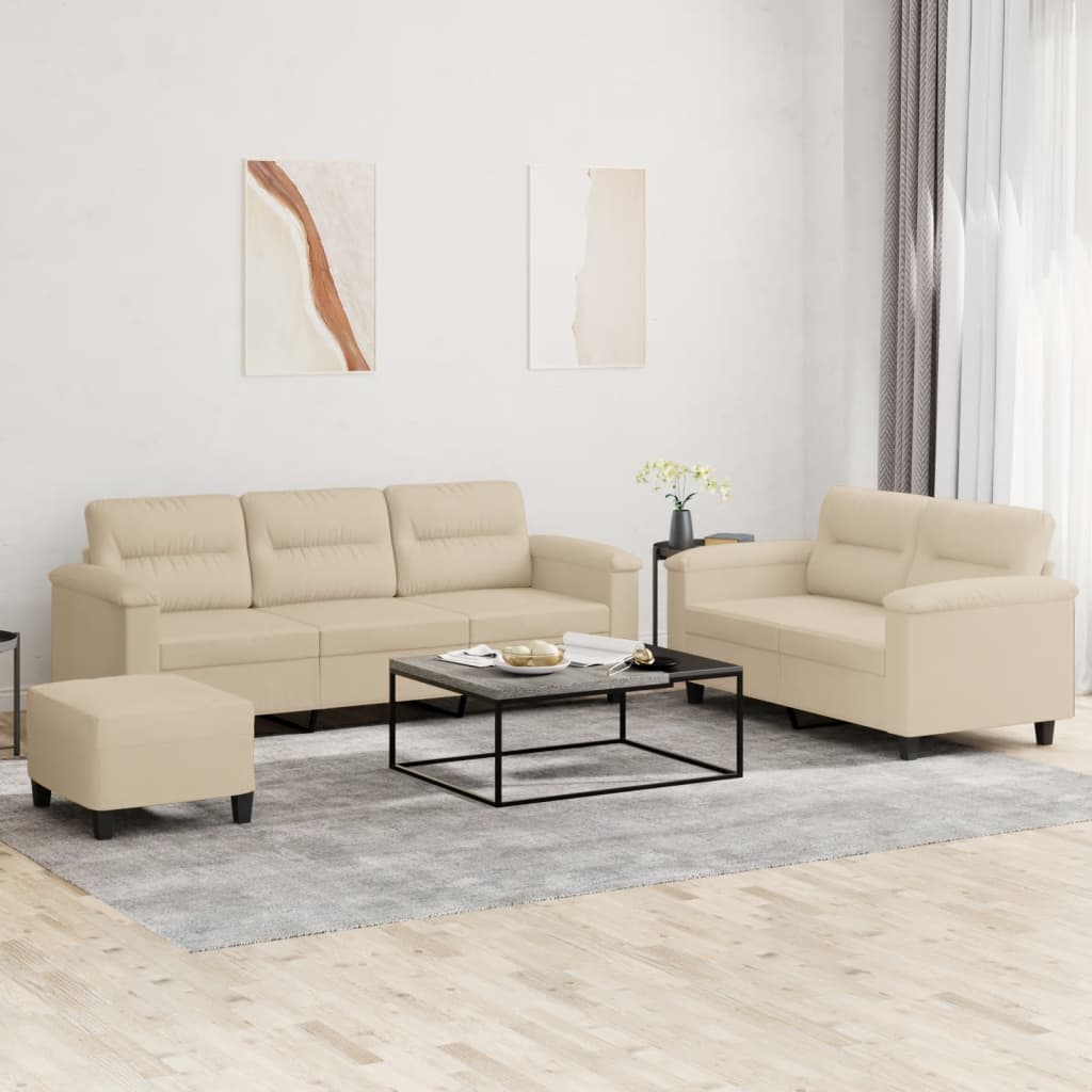 vidaXL 3-tlg. Sofagarnitur mit Kissen Creme Mikrofasergewebe