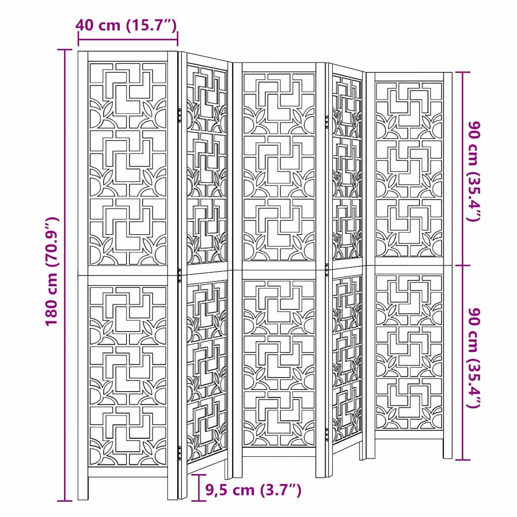 5-tlg. Raumteiler Braun Massivholz Paulownia