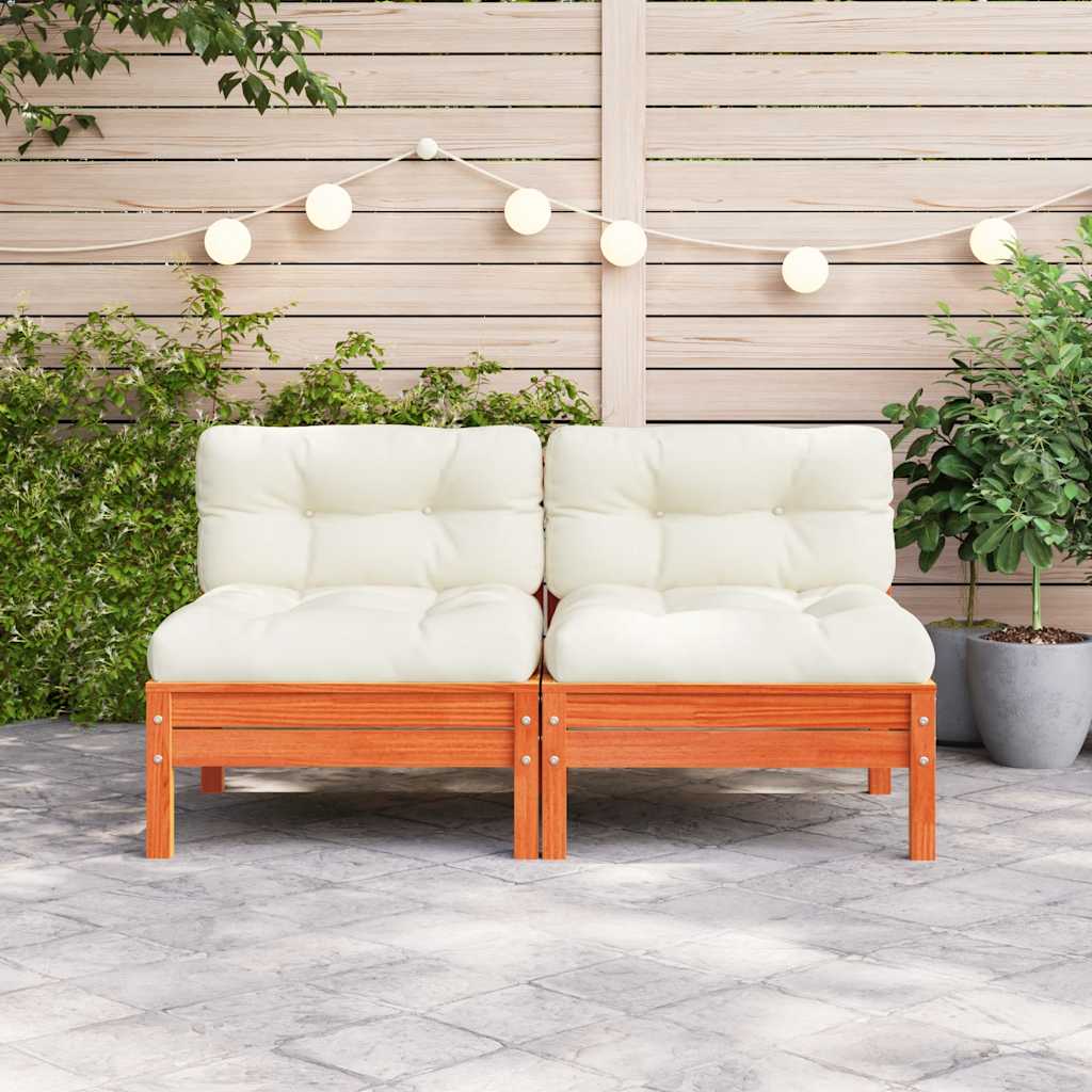 vidaXL Canapé de jardin sans accoudoirs avec coussins Marron cire Bois de pin