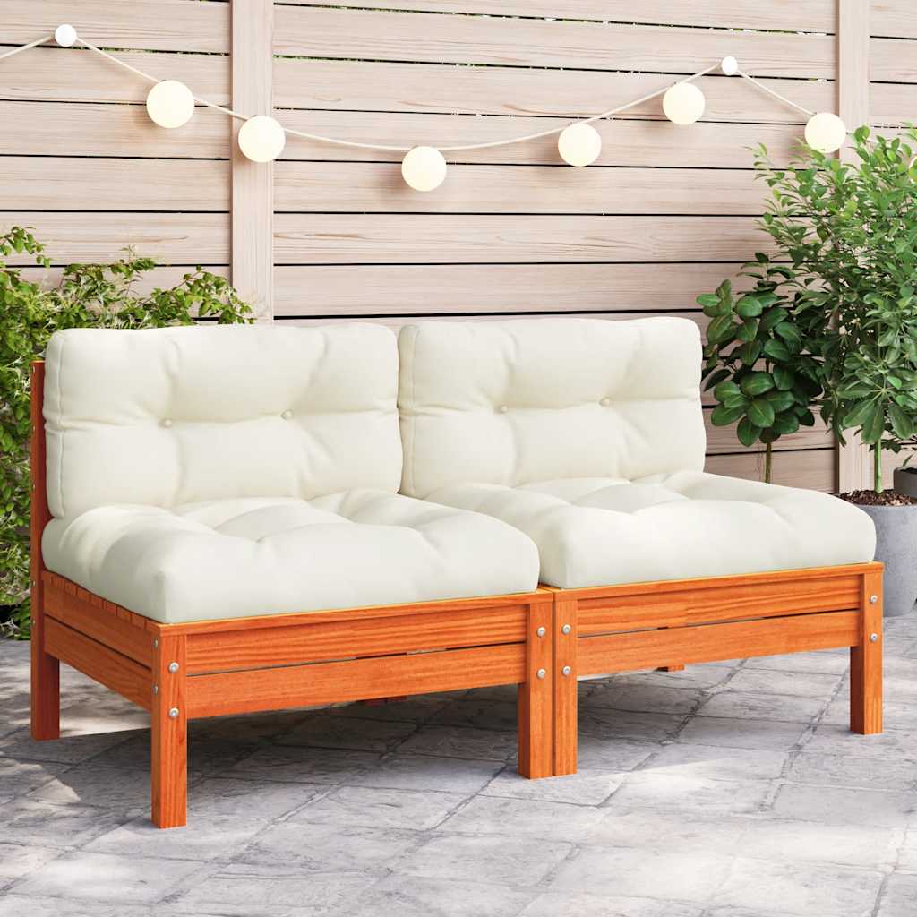 vidaXL Canapé de jardin sans accoudoirs avec coussins Marron cire Bois de pin