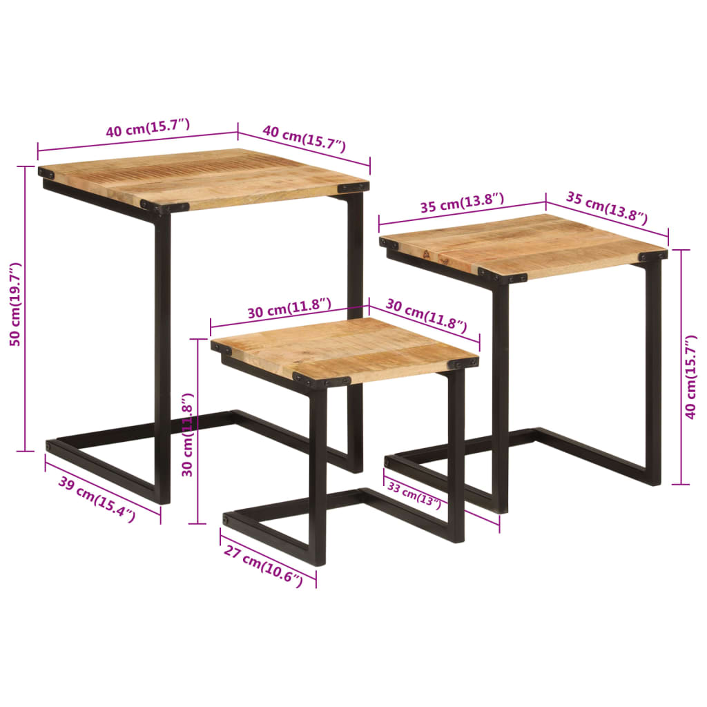vidaXL Satztische 3 Stk. Massivholz Mango und Eisen