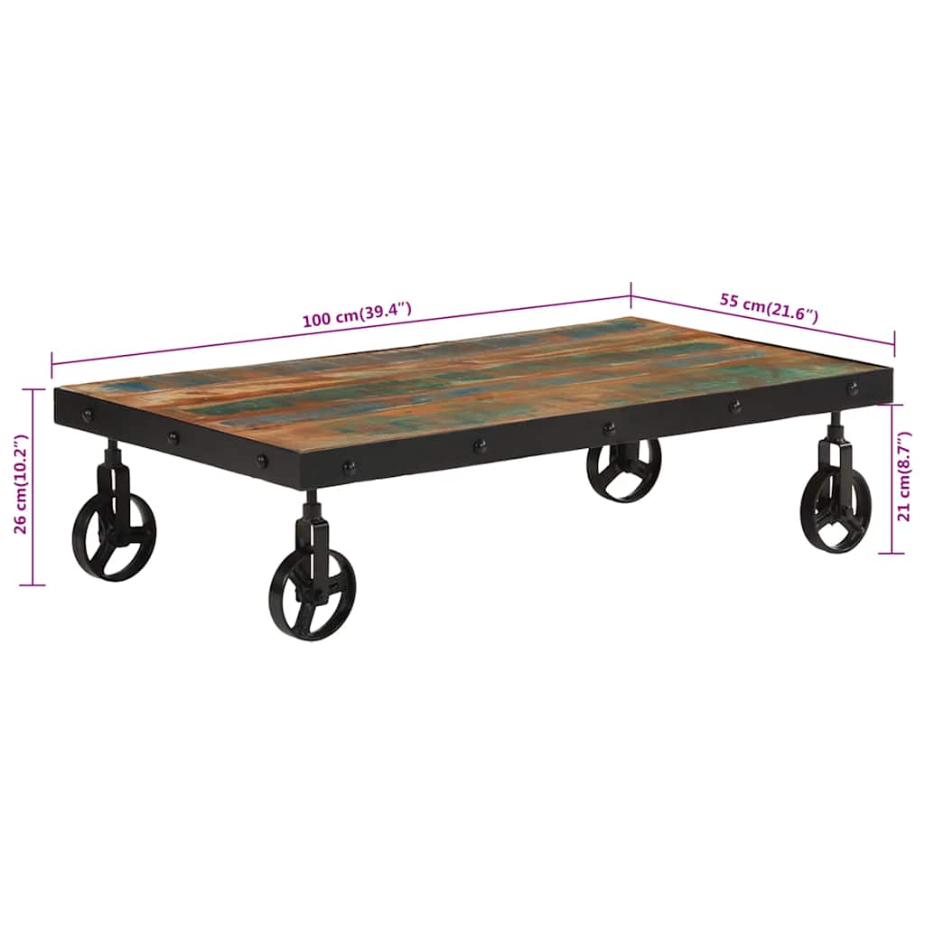 vidaXL Couchtisch mit Rollen Altholz Massiv 100x55x26 cm