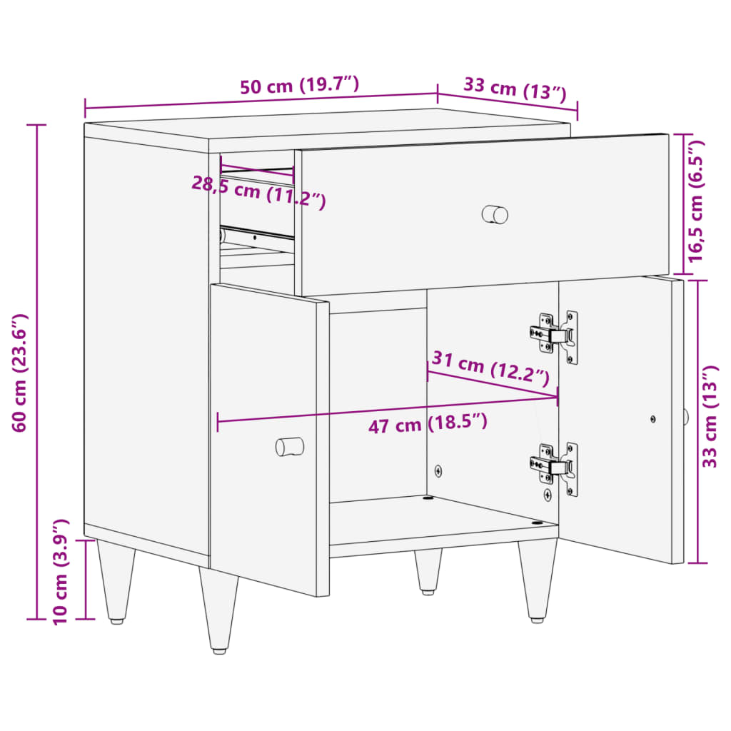 vidaXL Table de chevet 50x33x60 cm Bois de manguier massif
