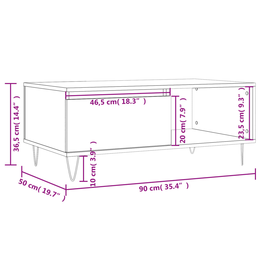 vidaXL Table basse marron aspect chêne 90x50x36,5 cm bois d'ingénierie