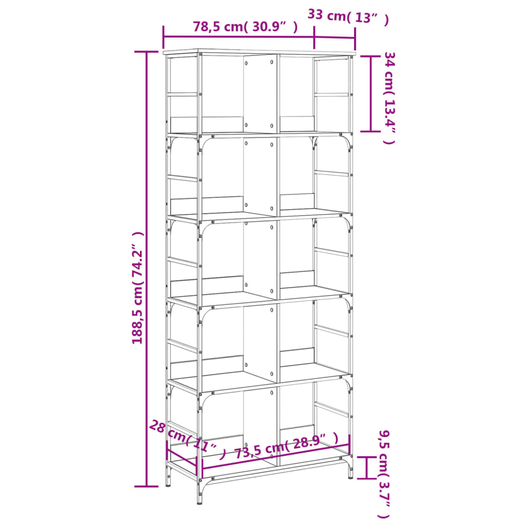 vidaXL Bücherregal Sonoma-Eiche 78,5x33x188,5 cm Holzwerkstoff